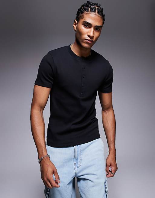DESIGN muscle fit t-shirt with henley neck in black rib