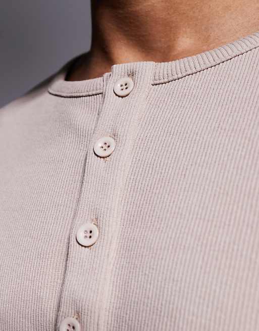 DESIGN Muscle Fit T-shirt With Henley Neck In Beige Rib