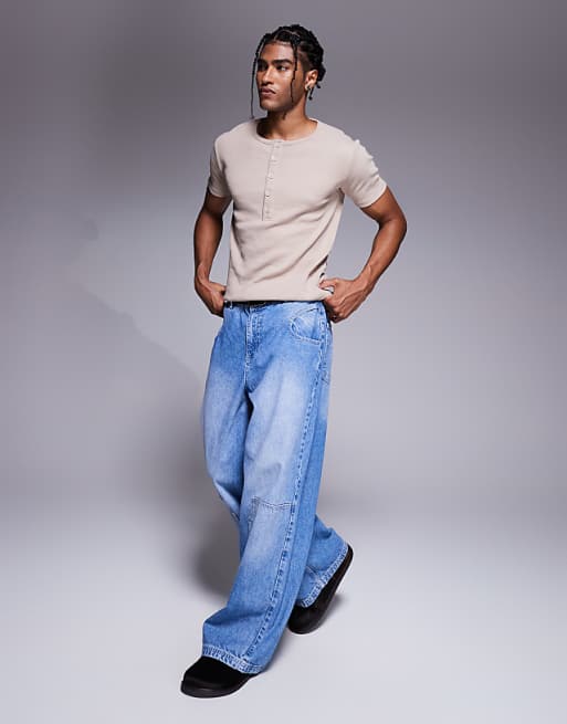 DESIGN Muscle Fit T-shirt With Henley Neck In Beige Rib