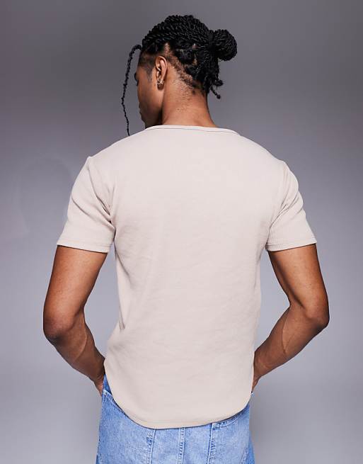 DESIGN Muscle Fit T-shirt With Henley Neck In Beige Rib