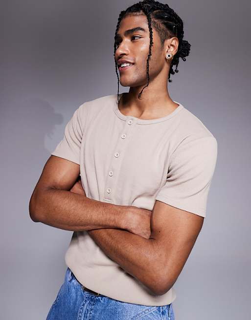 DESIGN muscle fit t-shirt with henley neck in beige rib