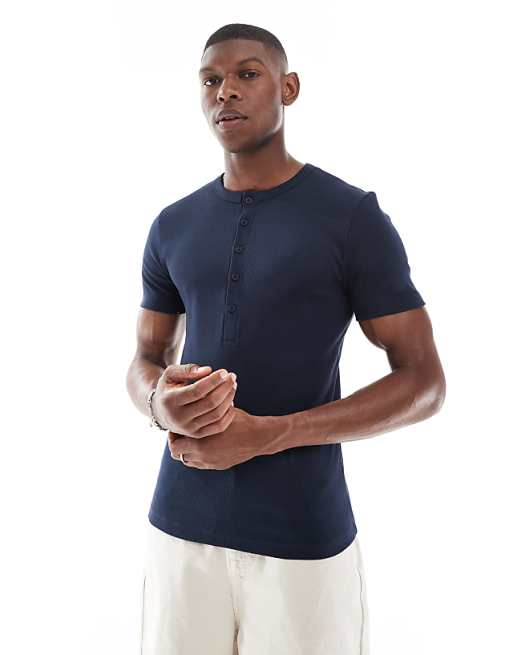 DESIGN muscle fit t-shirt with henley neck in navy rib