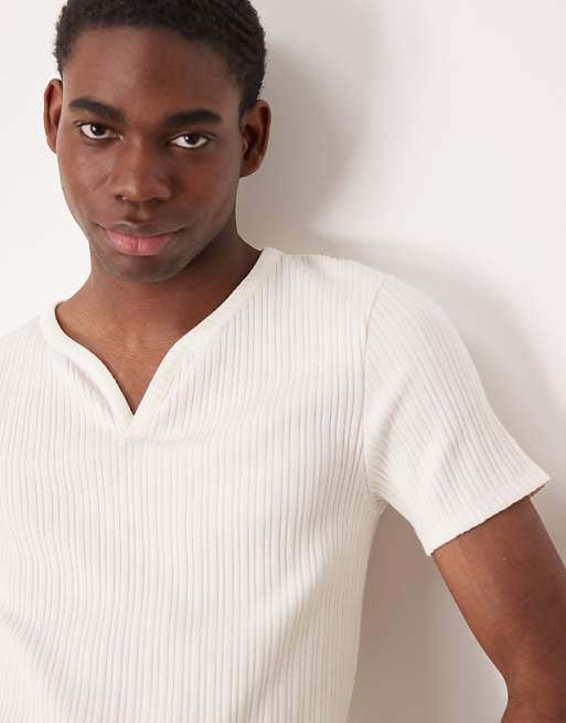 DESIGN Muscle Fit T-shirt With In Cream Textured Rib