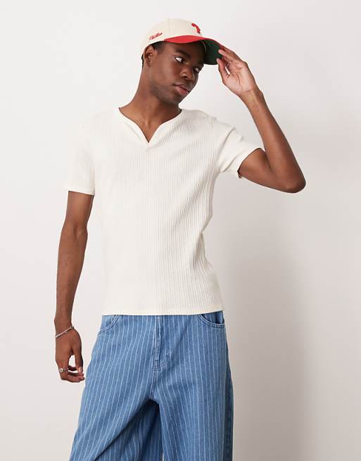 DESIGN muscle fit t-shirt with in cream textured rib