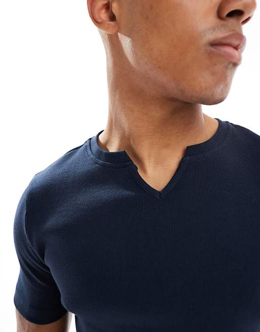 DESIGN Muscle Fit T-shirt With Notch Neck In Navy Rib