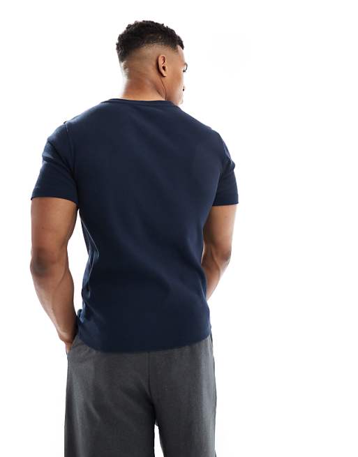 DESIGN Muscle Fit T-shirt With Notch Neck In Navy Rib