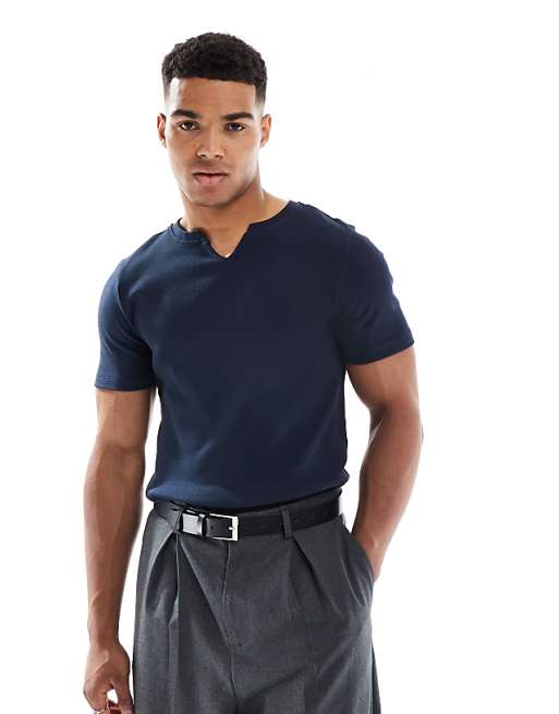 DESIGN muscle fit t-shirt with notch neck in navy rib