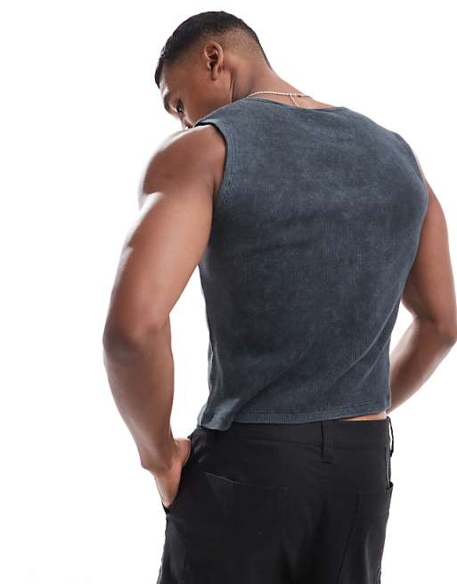 DESIGN Muscle Fit Tank Vest In Washed Rib