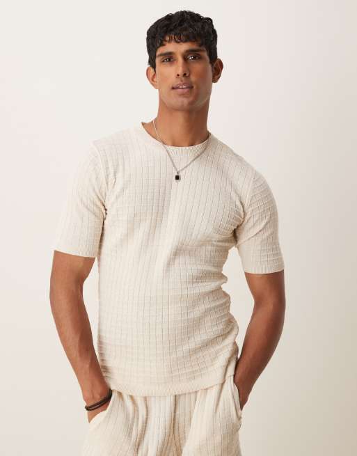 DESIGN Muscle Fit Textured T-shirt And Shorts Co-ord In Cream