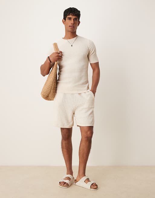 DESIGN muscle fit textured t-shirt and shorts co-ord in cream