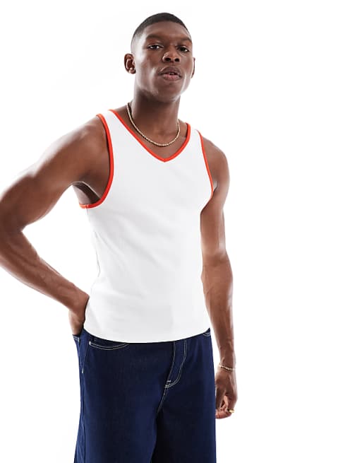 DESIGN Muscle Fit Vest With Contrast Binding In White Rib