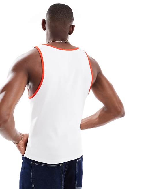 DESIGN Muscle Fit Vest With Contrast Binding In White Rib