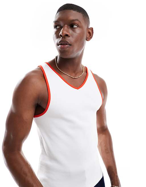 DESIGN muscle fit vest with contrast binding in white rib