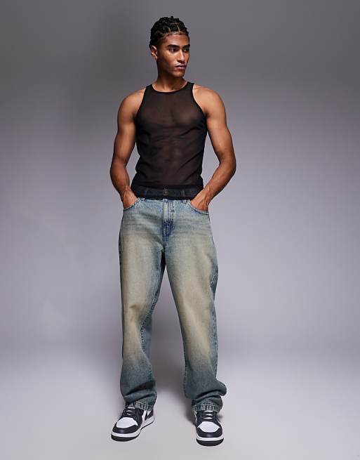 DESIGN Muscle Fit Vest With High Scoop Neck In Black Mesh