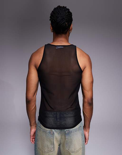 DESIGN Muscle Fit Vest With High Scoop Neck In Black Mesh