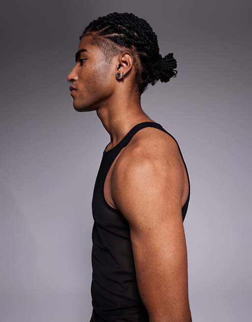 DESIGN Muscle Fit Vest With High Scoop Neck In Black Mesh