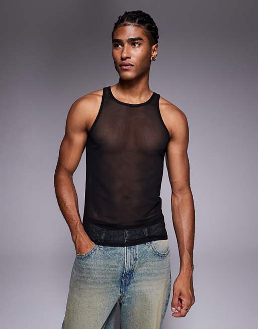 DESIGN muscle fit vest with high scoop neck in black mesh