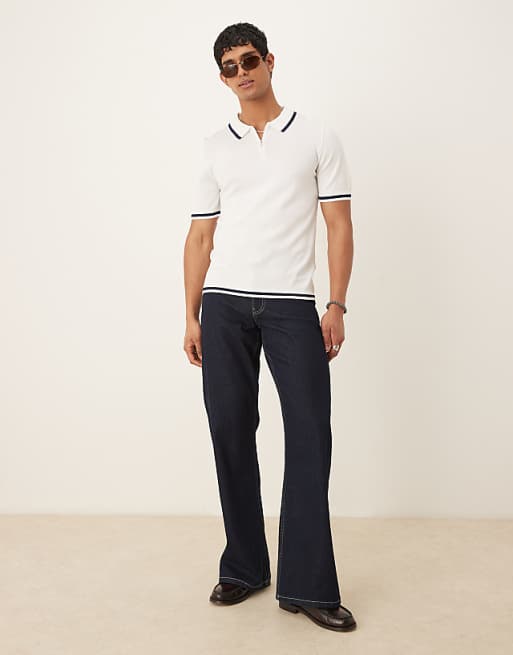 DESIGN Muscle Fit Zip Premium Knitted Polo With Tipping In Off White