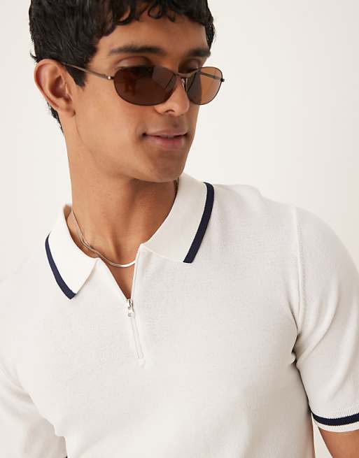 DESIGN Muscle Fit Zip Premium Knitted Polo With Tipping In Off White