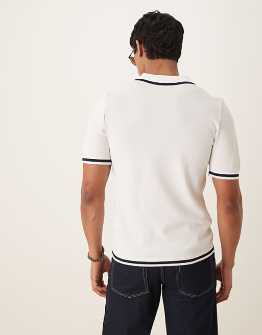 DESIGN Muscle Fit Zip Premium Knitted Polo With Tipping In Off White