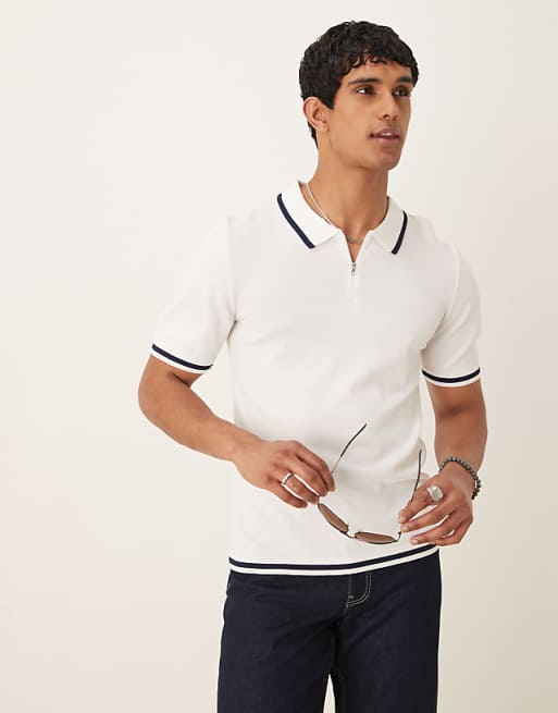 DESIGN muscle fit zip premium knitted polo with tipping in off white