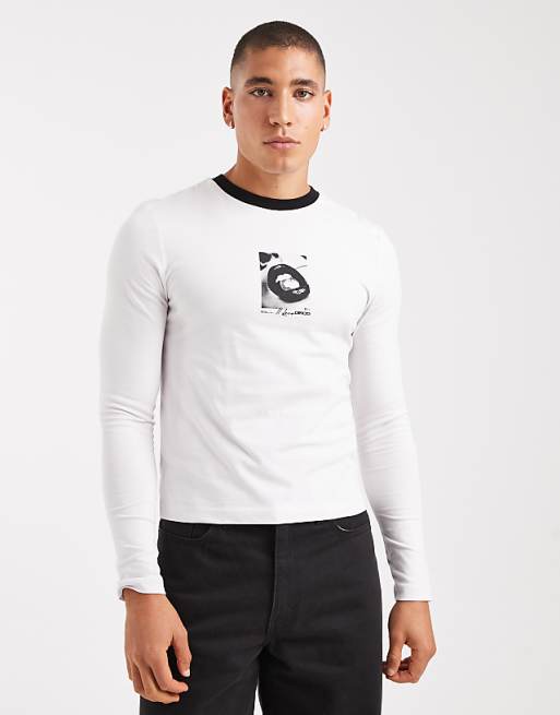 DESIGN muscle long sleeve t-shirt with graphic in white