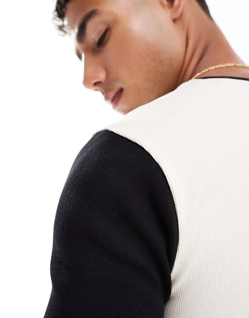 DESIGN Muscle T-shirt With Contrast Sleeves In Cream Rib