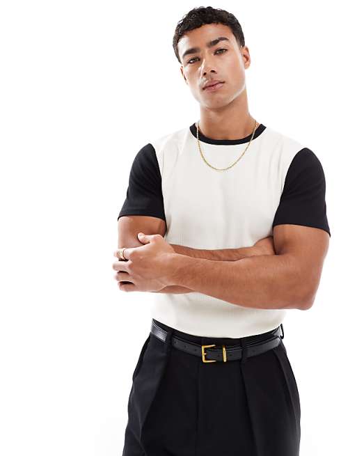 DESIGN muscle t-shirt with contrast sleeves in cream rib