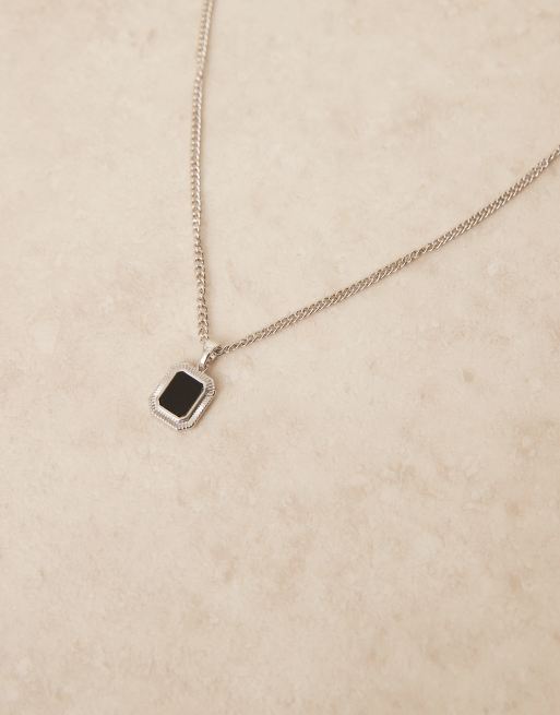 DESIGN Necklace With Square Black Stone Pendant In Silver Tone