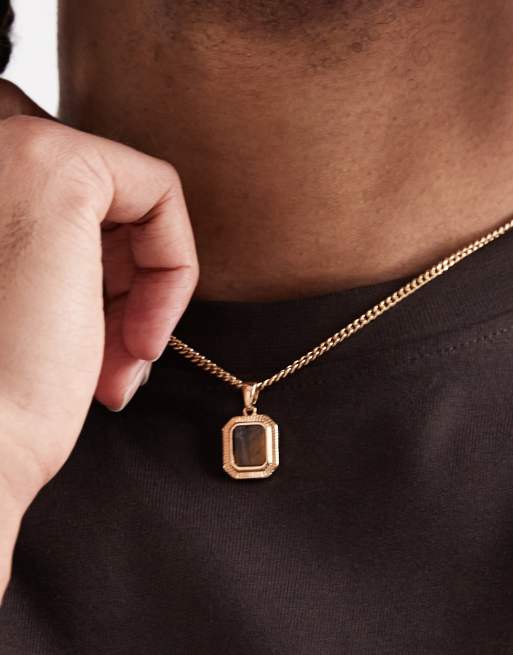 DESIGN Necklace With Square Semi-precious Tigers Eye Stone Pendant In Gold Tone - GOLD