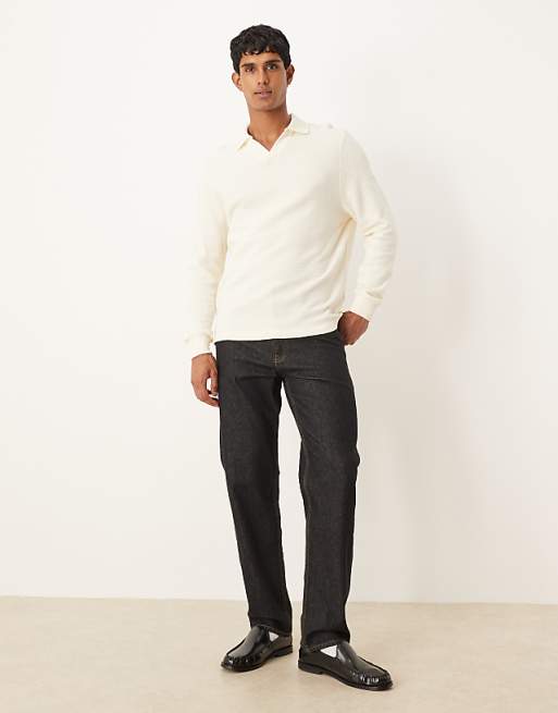 DESIGN Notch Neck Polo In Ribbed Texture Ecru