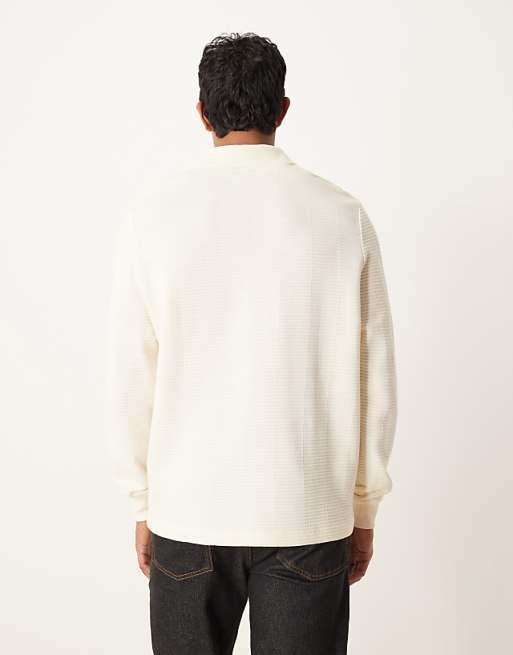 DESIGN Notch Neck Polo In Ribbed Texture Ecru