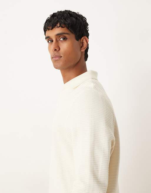 DESIGN Notch Neck Polo In Ribbed Texture Ecru