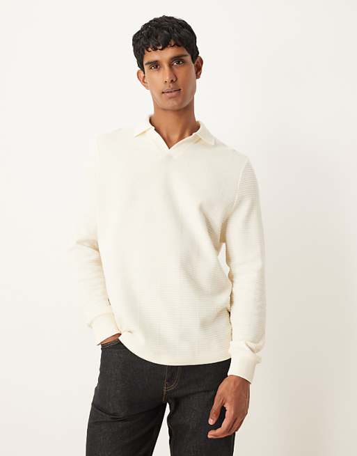 DESIGN notch neck polo in ribbed texture ecru