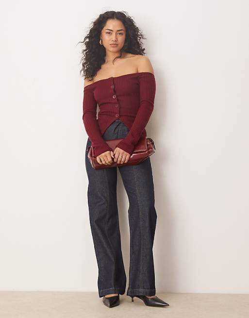 DESIGN Off Shoulder Cardigan In Burgundy