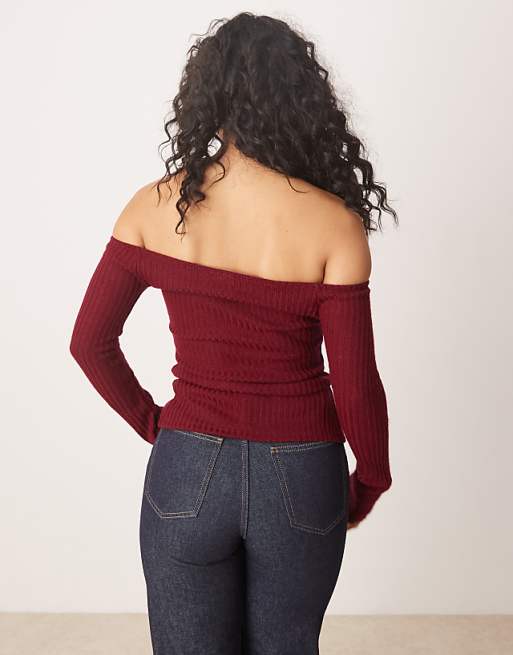 DESIGN Off Shoulder Cardigan In Burgundy