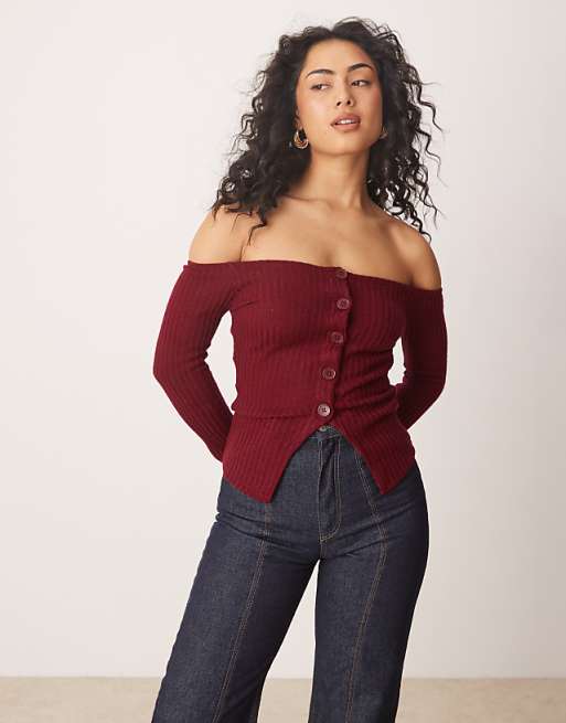 DESIGN Off Shoulder Cardigan In Burgundy