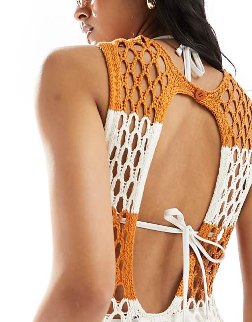 DESIGN Open Knit Sleeveless Beach Maxi Dress In Rust & Ivory Stripe