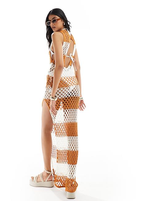 DESIGN Open Knit Sleeveless Beach Maxi Dress In Rust & Ivory Stripe