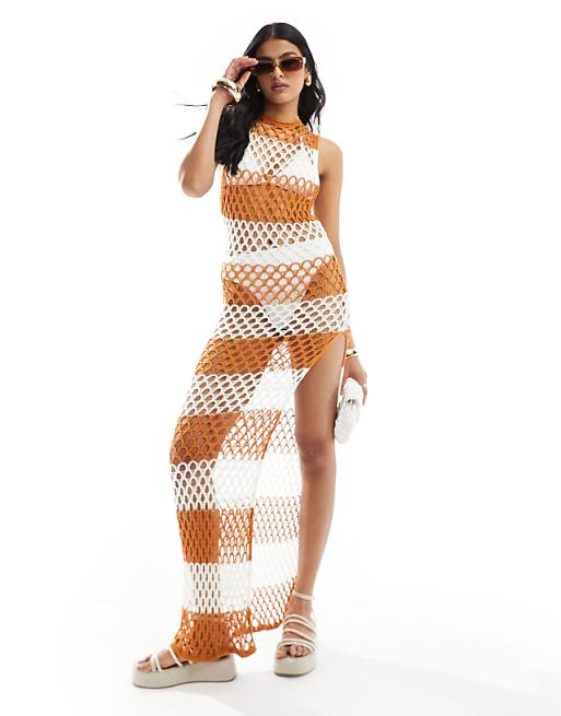 DESIGN open knit sleeveless beach maxi dress in rust & ivory stripe