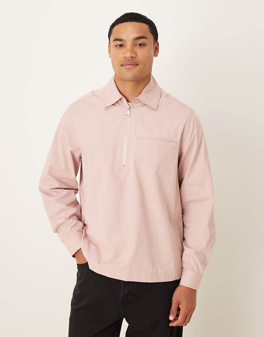 DESIGN overhead poplin zip shirt in mauve