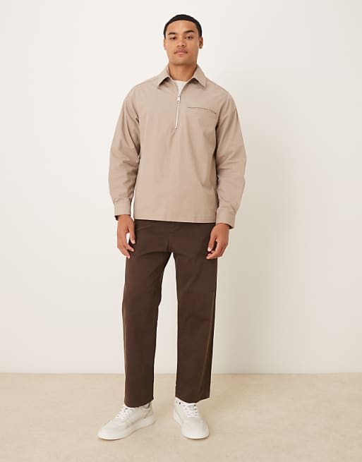 DESIGN Overhead Poplin Zip Shirt In Stone