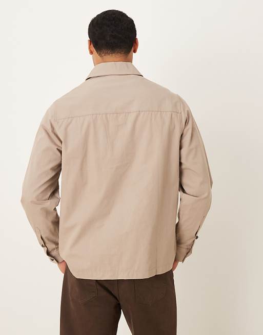 DESIGN Overhead Poplin Zip Shirt In Stone