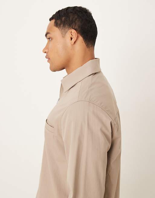 DESIGN Overhead Poplin Zip Shirt In Stone
