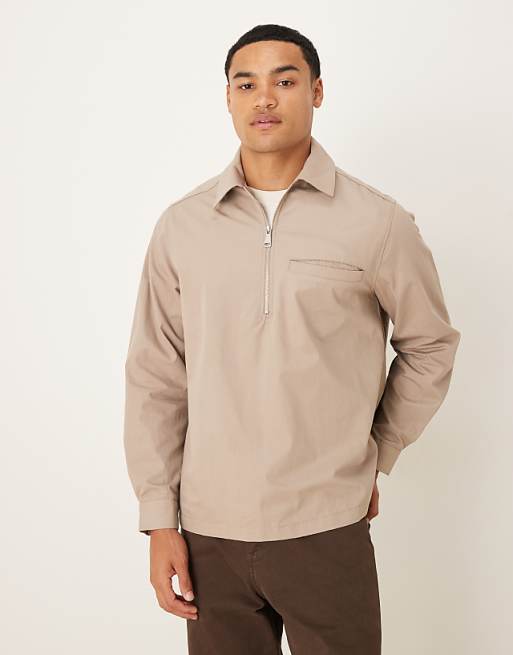 DESIGN overhead poplin zip shirt in stone