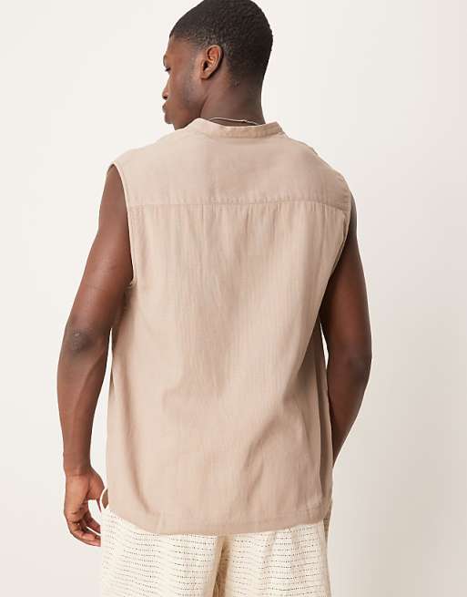 DESIGN Overhead Shirt With Grandad Collar In Stone