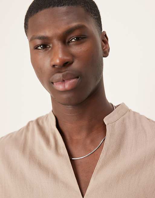 DESIGN Overhead Shirt With Grandad Collar In Stone