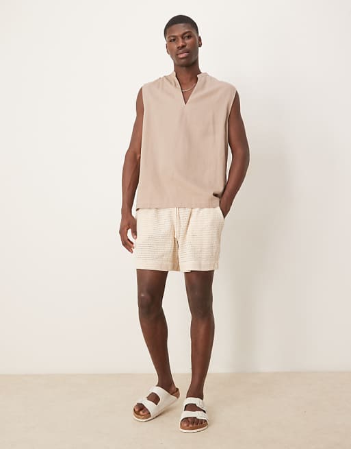 DESIGN Overhead Shirt With Grandad Collar In Stone
