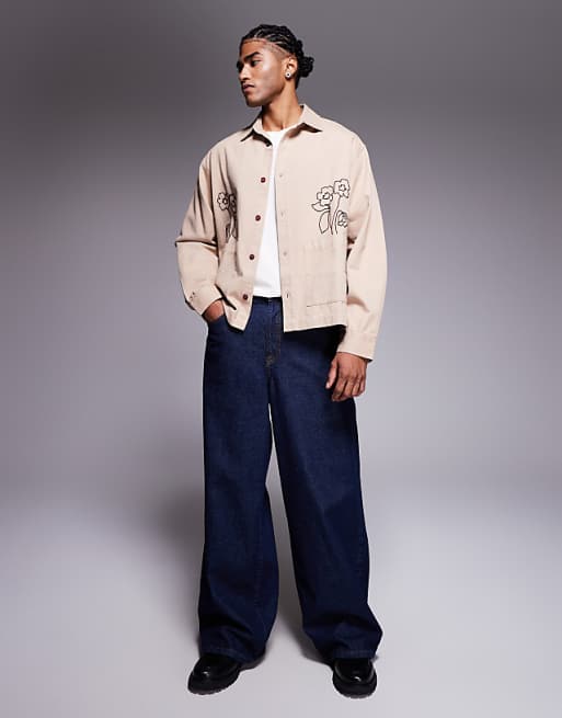 DESIGN Overshirt With Placement Embroidery With Double Pockets In Stone