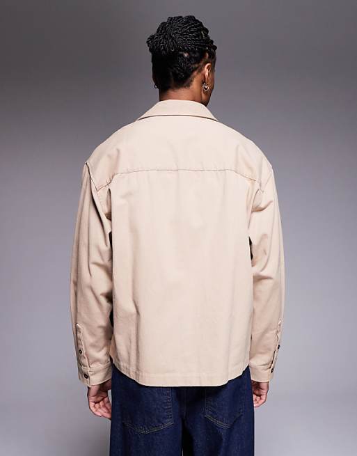 DESIGN Overshirt With Placement Embroidery With Double Pockets In Stone